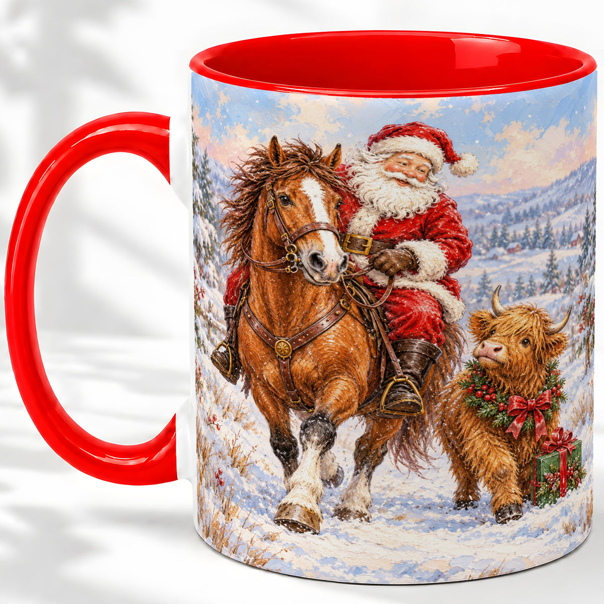 Santa Horse Highland Cow Accent Ceramic Mug, Winter Art