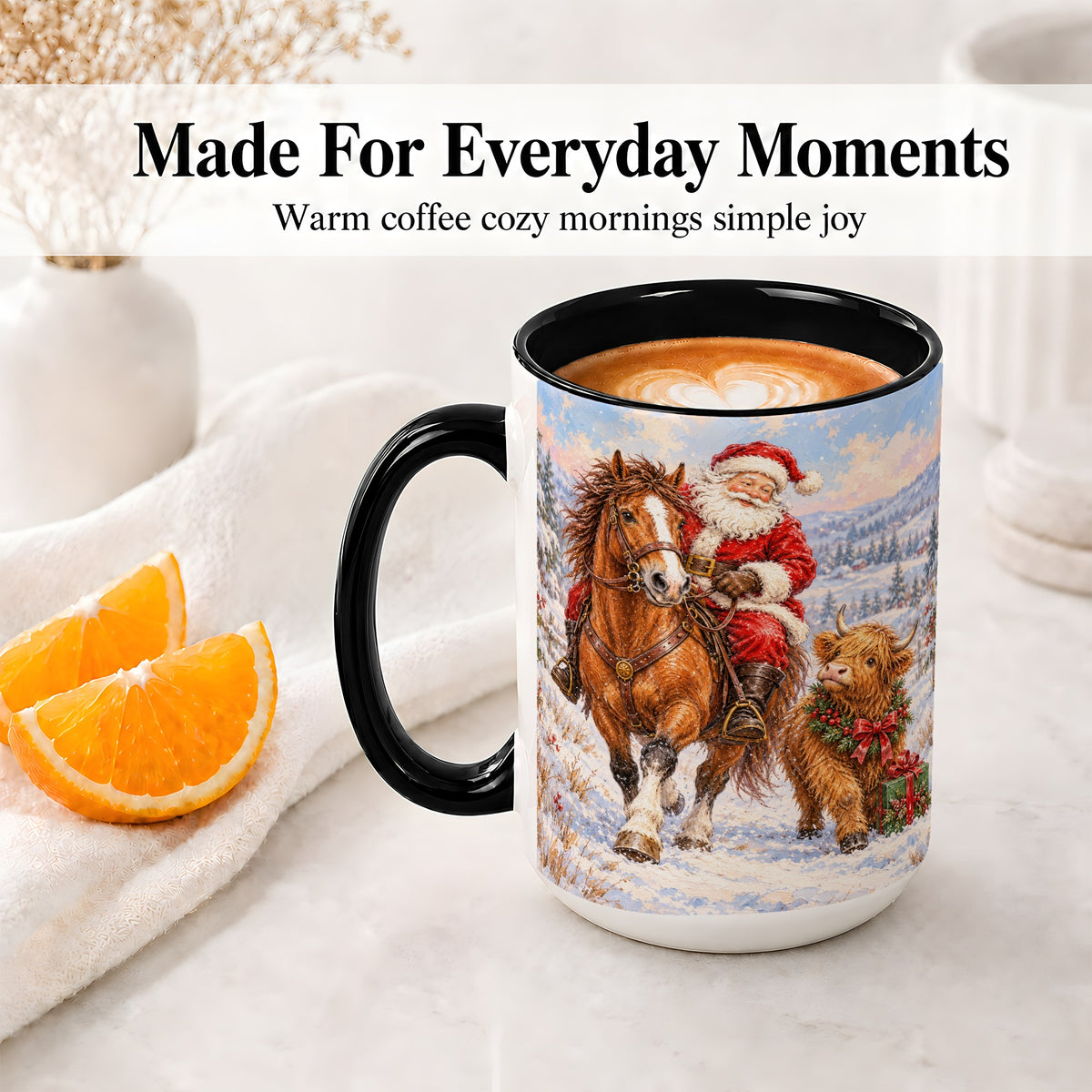 #pl[15oz|Black] Santa Horse Highland Cow Accent Ceramic Mug, Winter Art