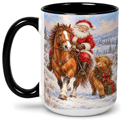 #pl[15oz|Black] Santa Horse Highland Cow Accent Ceramic Mug, Winter Art