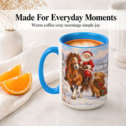 #pl[15oz|Blue] Santa Horse Highland Cow Accent Ceramic Mug, Winter Art