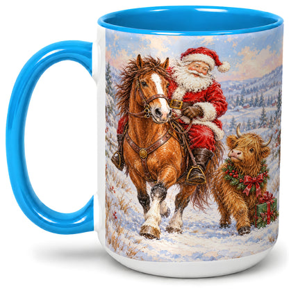 #pl[15oz|Blue] Santa Horse Highland Cow Accent Ceramic Mug, Winter Art