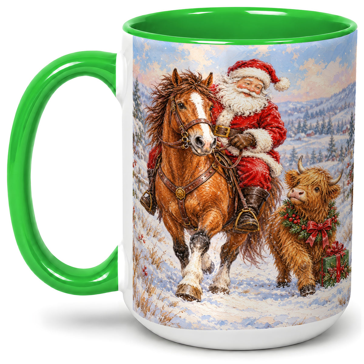 #pl[15oz|Green] Santa Horse Highland Cow Accent Ceramic Mug, Winter Art