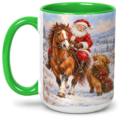 #pl[15oz|Green] Santa Horse Highland Cow Accent Ceramic Mug, Winter Art