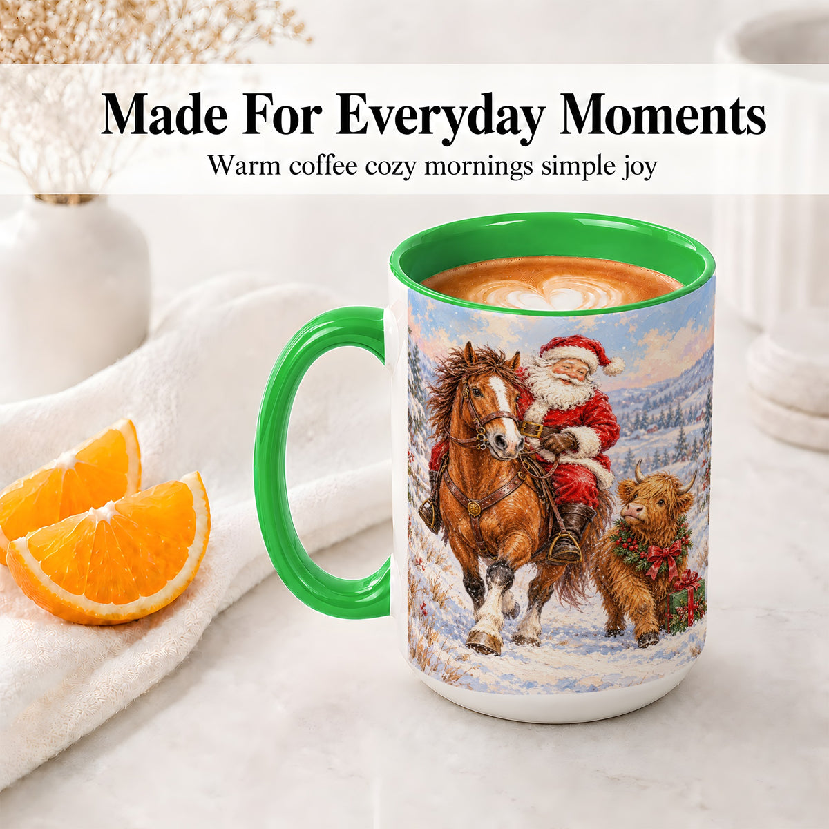 #pl[15oz|Green] Santa Horse Highland Cow Accent Ceramic Mug, Winter Art