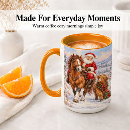 #pl[15oz|Orange] Santa Horse Highland Cow Accent Ceramic Mug, Winter Art
