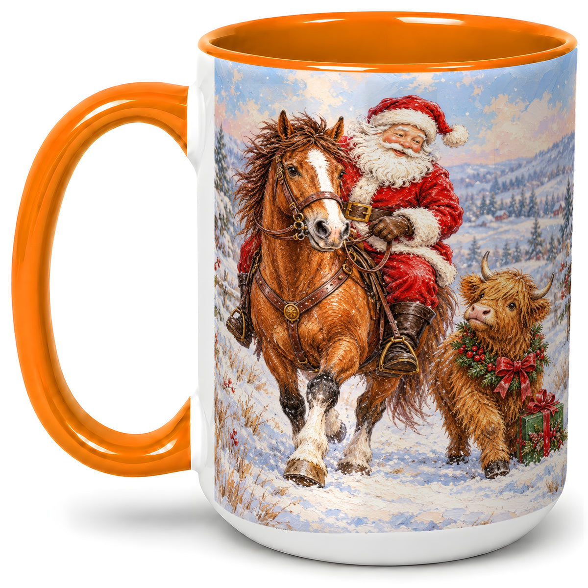 #pl[15oz|Orange] Santa Horse Highland Cow Accent Ceramic Mug, Winter Art