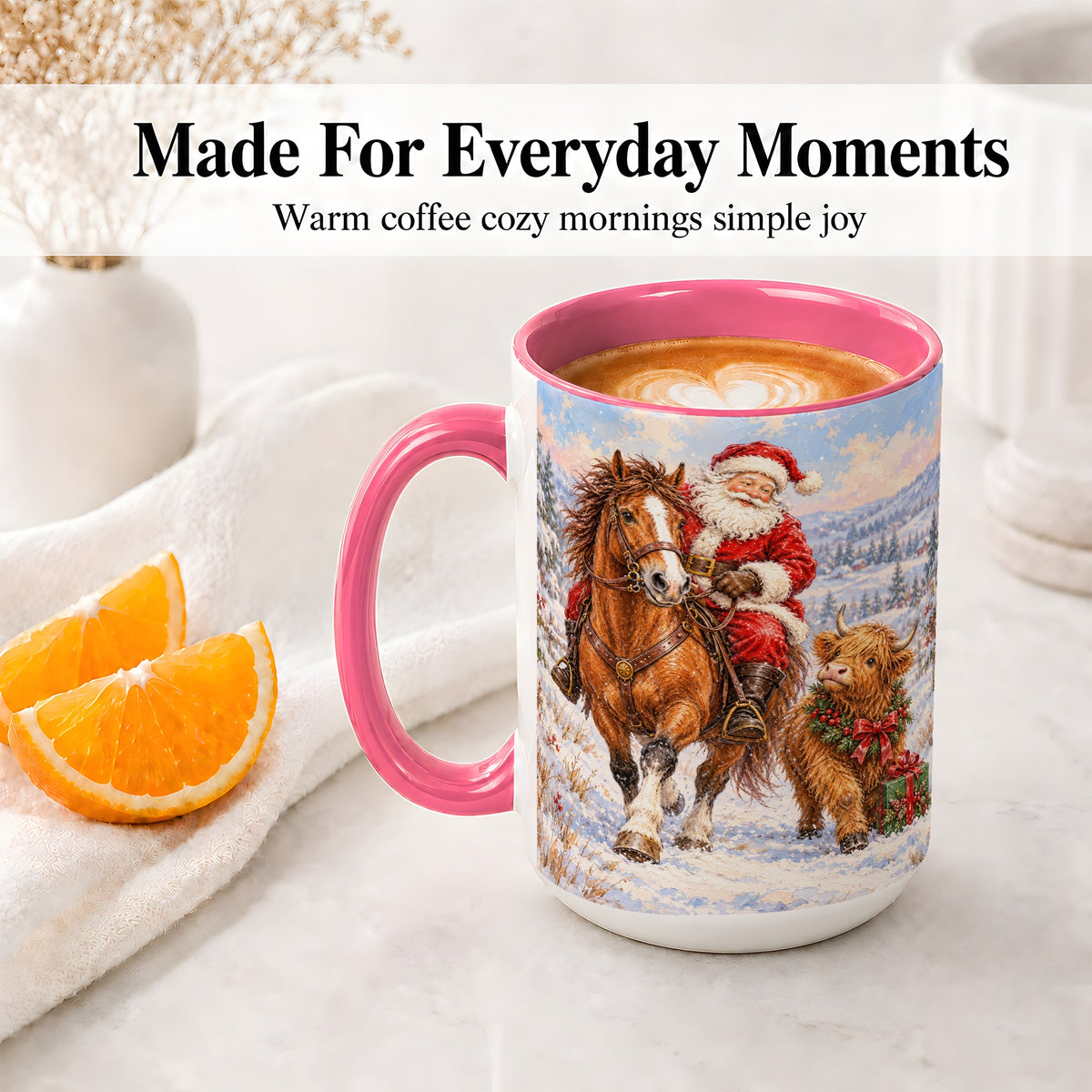 #pl[15oz|Pink] Santa Horse Highland Cow Accent Ceramic Mug, Winter Art