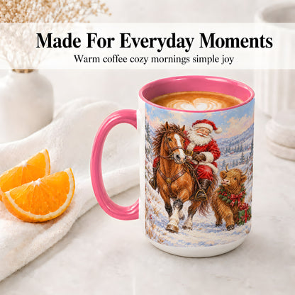 #pl[15oz|Pink] Santa Horse Highland Cow Accent Ceramic Mug, Winter Art