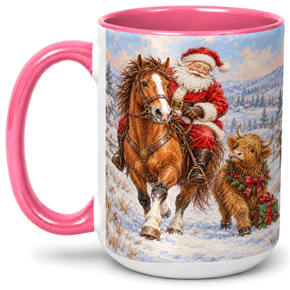 #pl[15oz|Pink] Santa Horse Highland Cow Accent Ceramic Mug, Winter Art