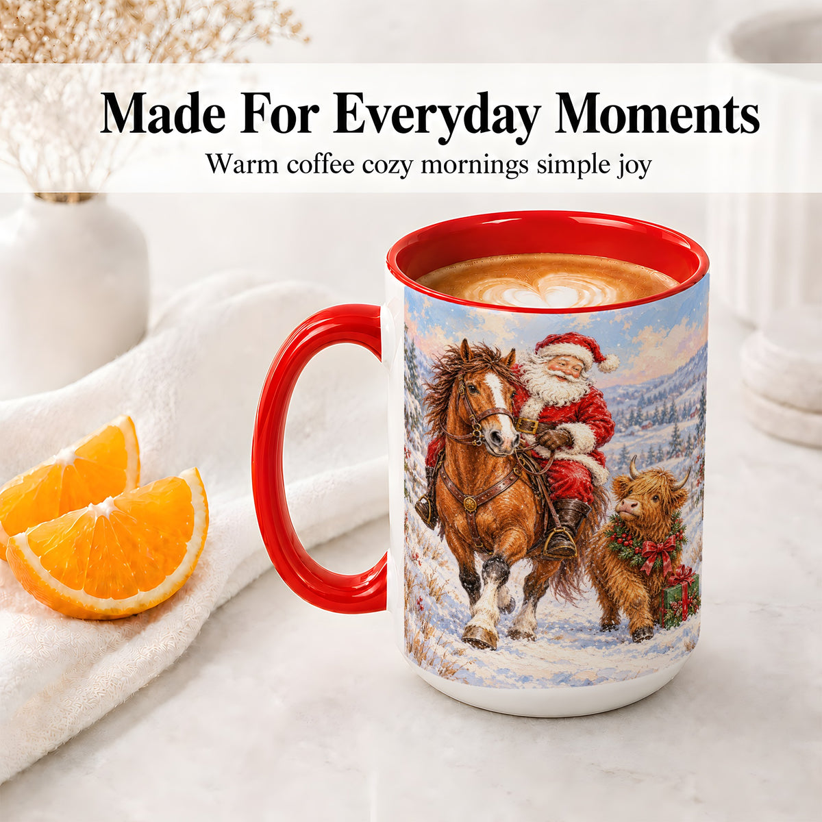 #pl[15oz|Red] Santa Horse Highland Cow Accent Ceramic Mug, Winter Art