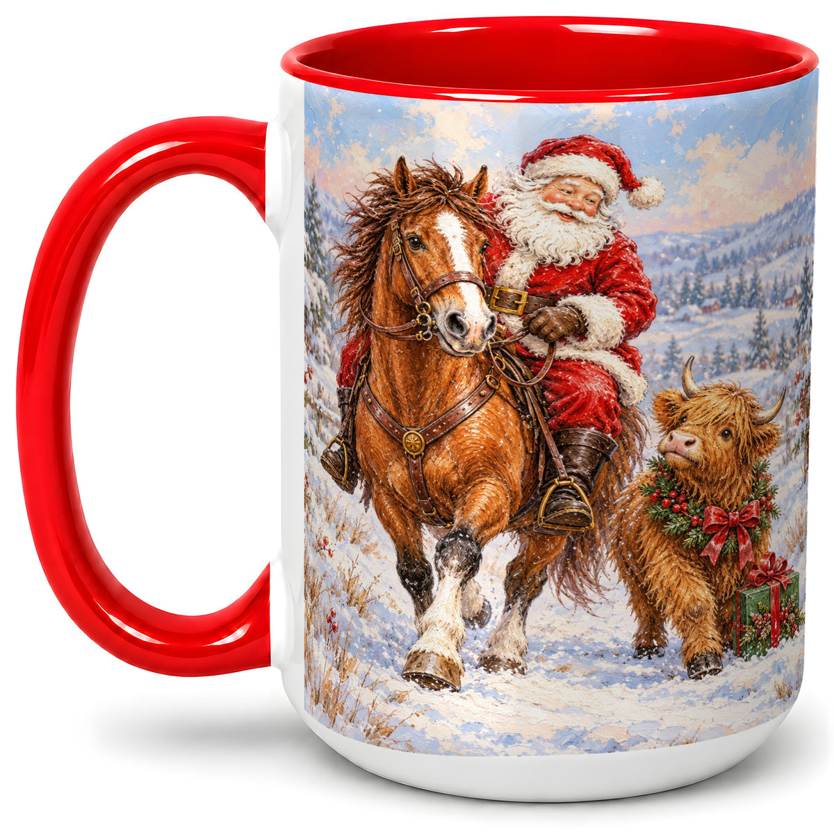 #pl[15oz|Red] Santa Horse Highland Cow Accent Ceramic Mug, Winter Art