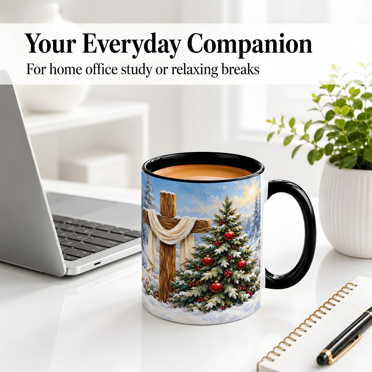 #pl[11oz|Black] Christmas Cross and Tree Accent Ceramic Mug, Oil Painting Style