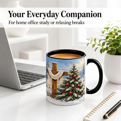 #pl[11oz|Black] Christmas Cross and Tree Accent Ceramic Mug, Oil Painting Style