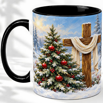 #pl[11oz|Black] Christmas Cross and Tree Accent Ceramic Mug, Oil Painting Style