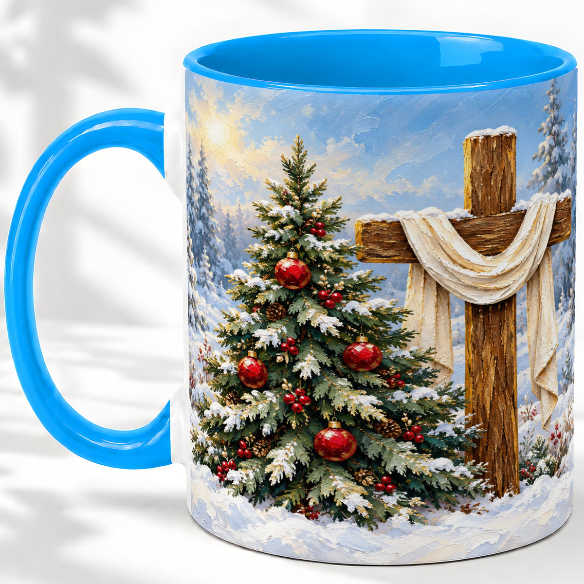 #pl[11oz|Blue] Christmas Cross and Tree Accent Ceramic Mug, Oil Painting Style