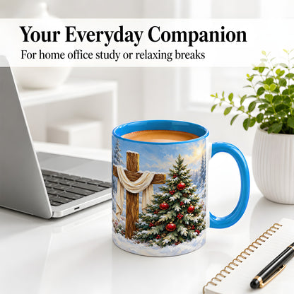#pl[11oz|Blue] Christmas Cross and Tree Accent Ceramic Mug, Oil Painting Style