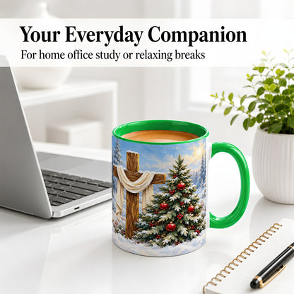 #pl[11oz|Green] Christmas Cross and Tree Accent Ceramic Mug, Oil Painting Style