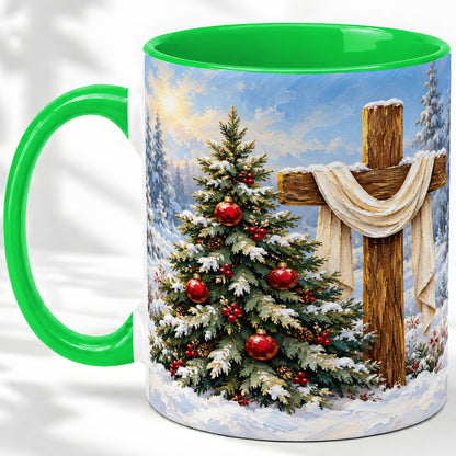 #pl[11oz|Green] Christmas Cross and Tree Accent Ceramic Mug, Oil Painting Style