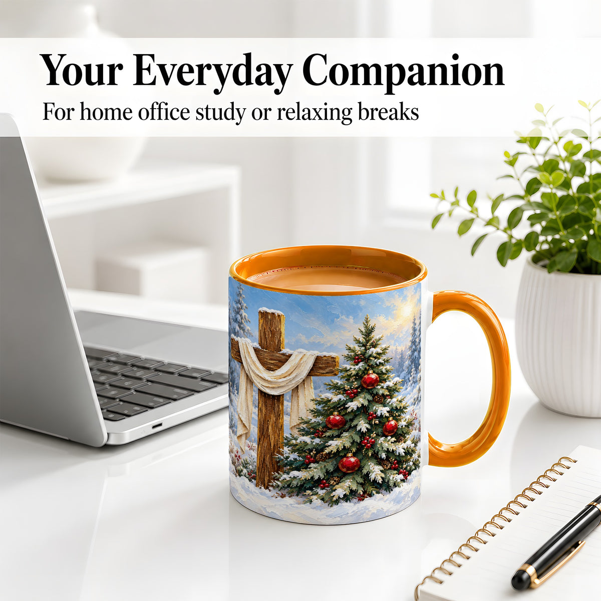 #pl[11oz|Orange] Christmas Cross and Tree Accent Ceramic Mug, Oil Painting Style