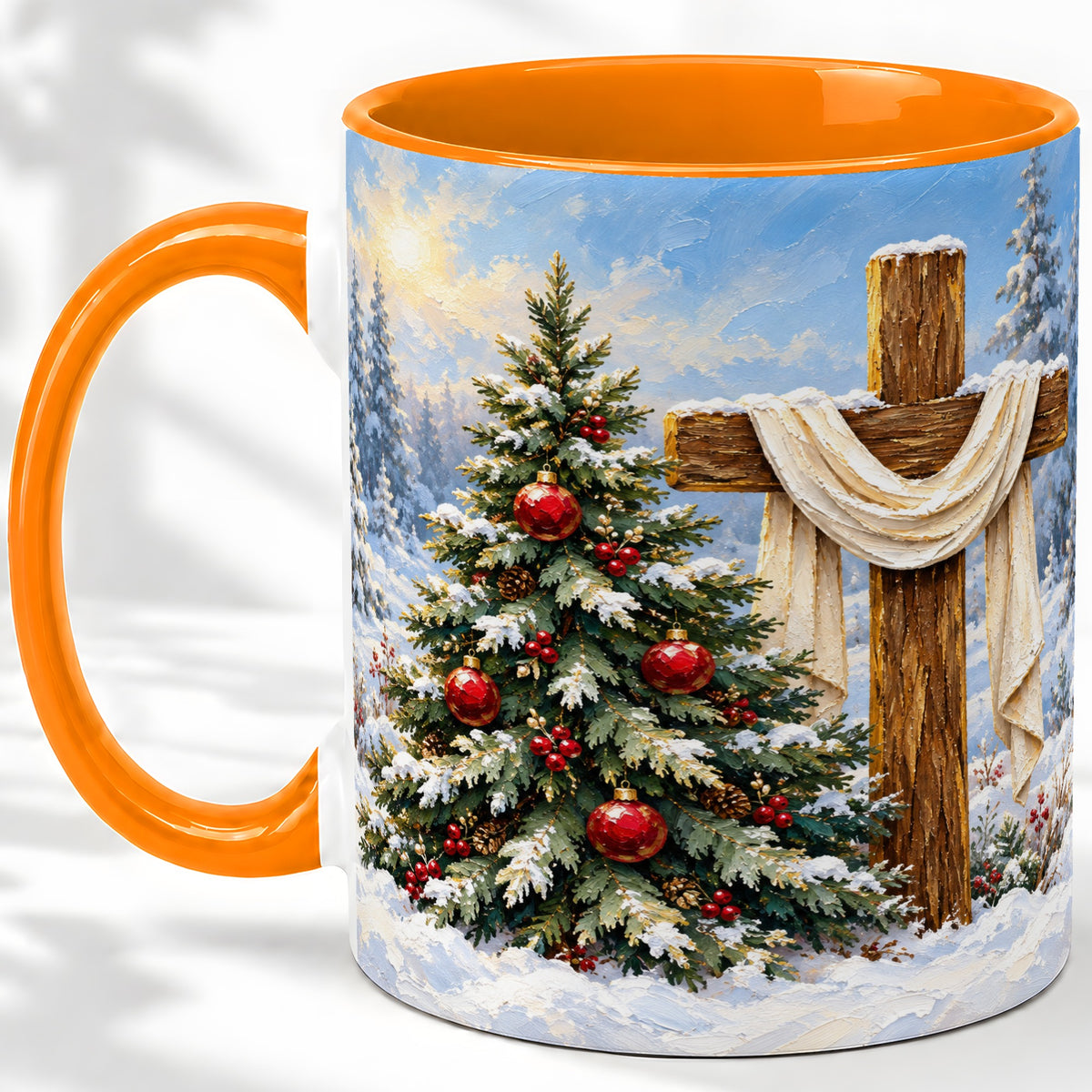 #pl[11oz|Orange] Christmas Cross and Tree Accent Ceramic Mug, Oil Painting Style