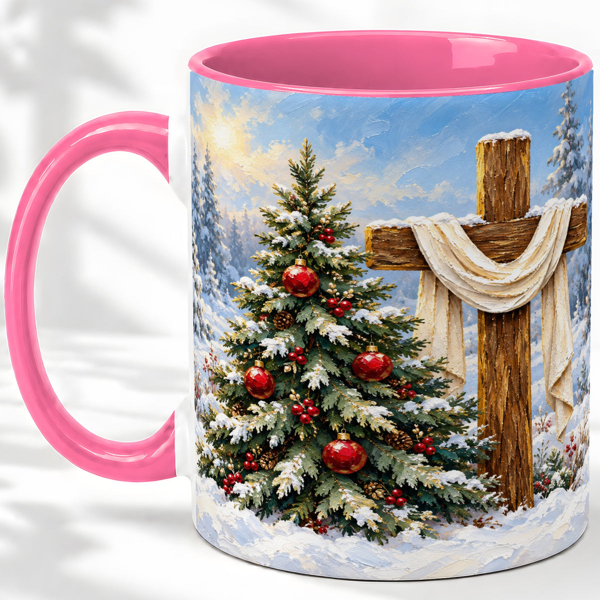 #pl[11oz|Pink] Christmas Cross and Tree Accent Ceramic Mug, Oil Painting Style
