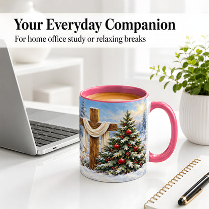 #pl[11oz|Pink] Christmas Cross and Tree Accent Ceramic Mug, Oil Painting Style