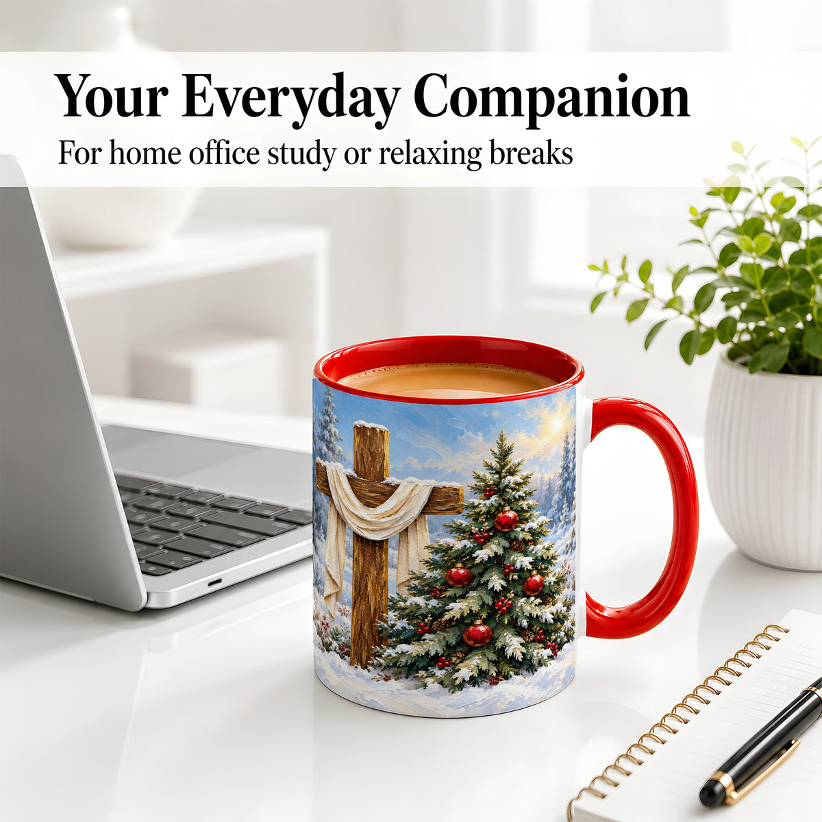 #pl[11oz|Red] Christmas Cross and Tree Accent Ceramic Mug, Oil Painting Style