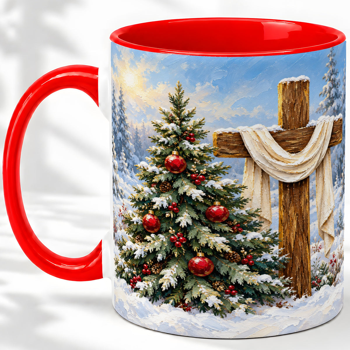 Christmas Cross and Tree Accent Ceramic Mug, Oil Painting Style