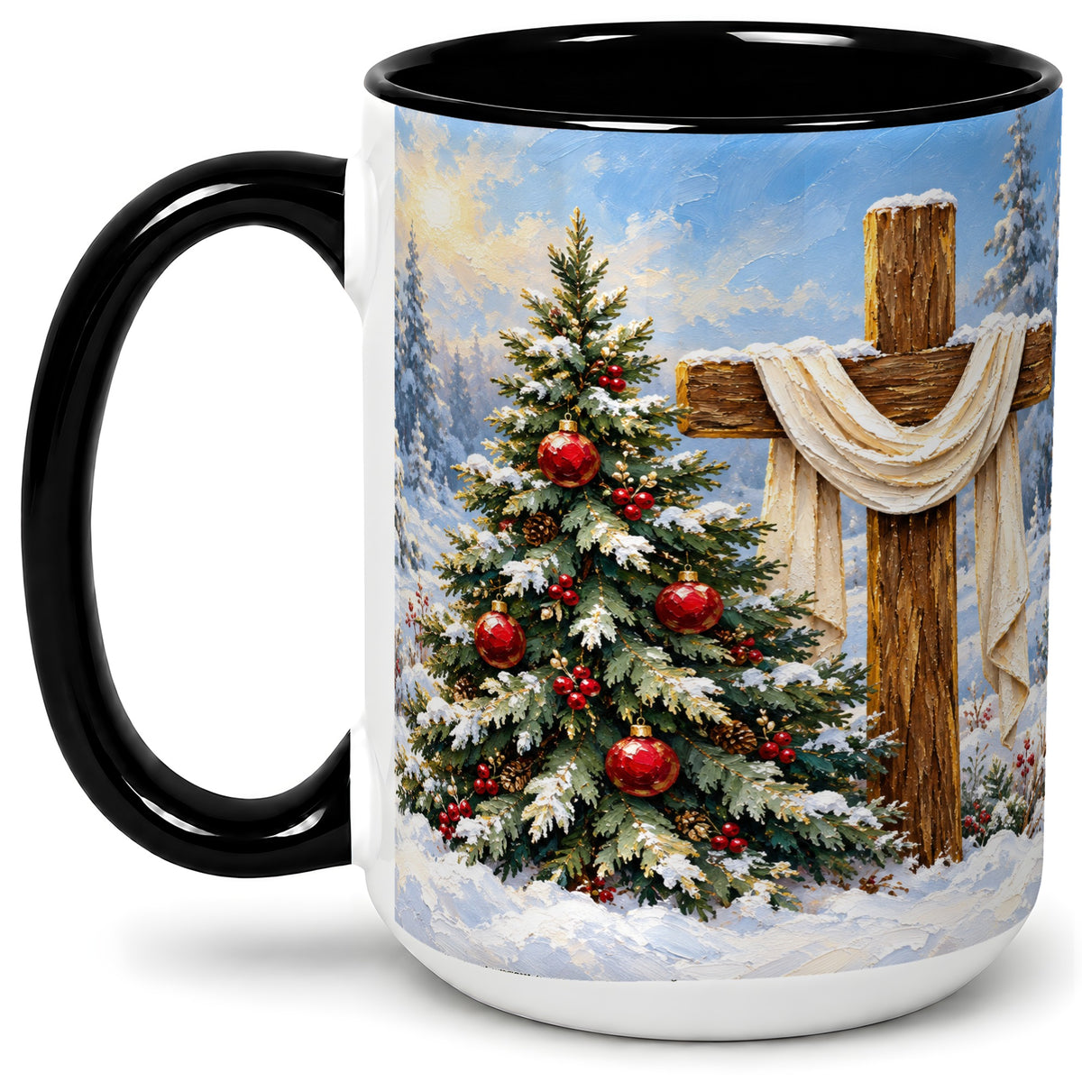 #pl[15oz|Black] Christmas Cross and Tree Accent Ceramic Mug, Oil Painting Style
