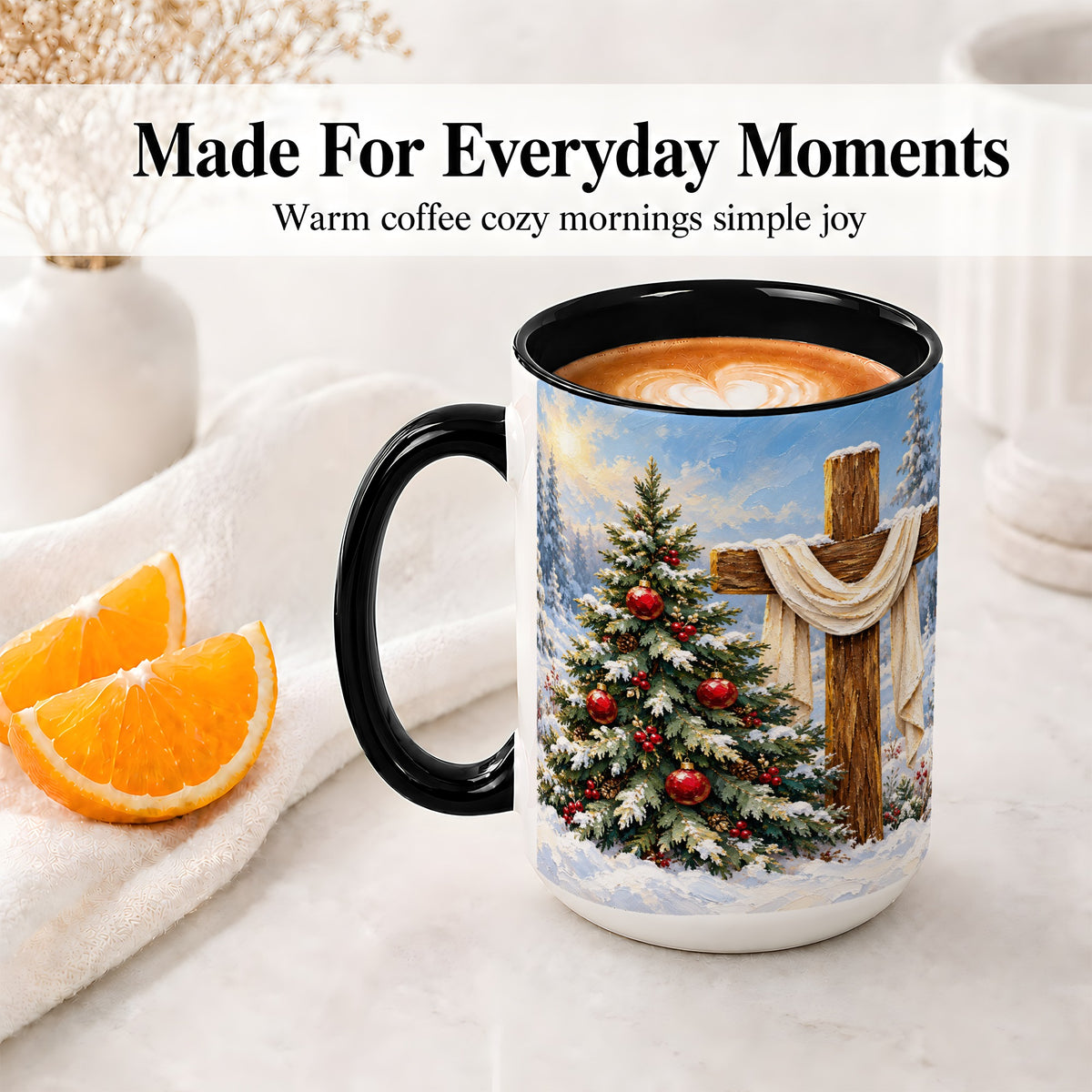 #pl[15oz|Black] Christmas Cross and Tree Accent Ceramic Mug, Oil Painting Style