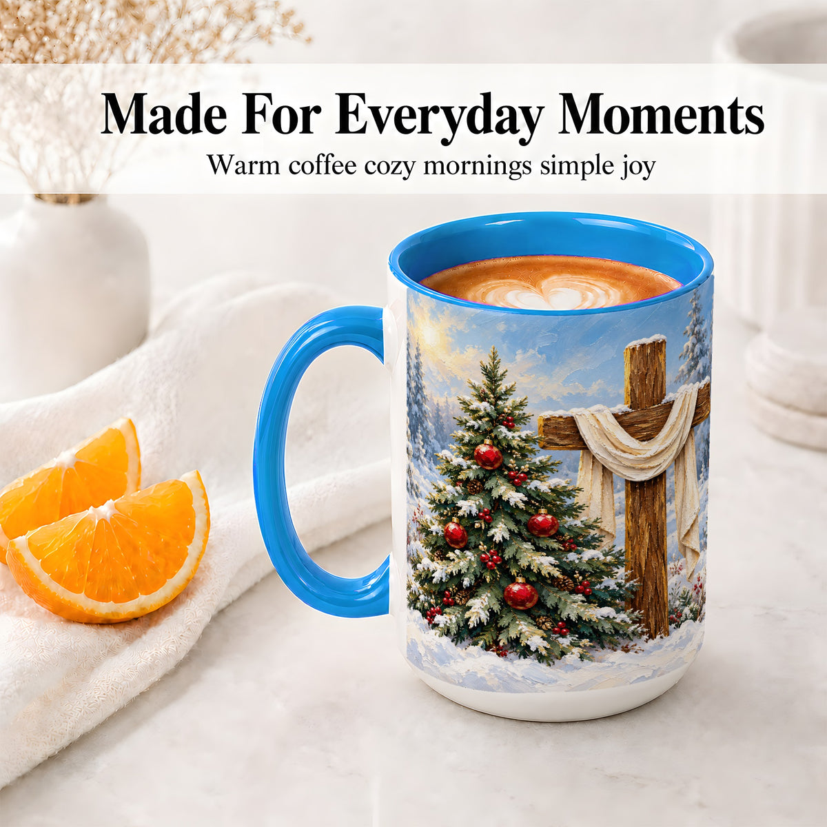 #pl[15oz|Blue] Christmas Cross and Tree Accent Ceramic Mug, Oil Painting Style