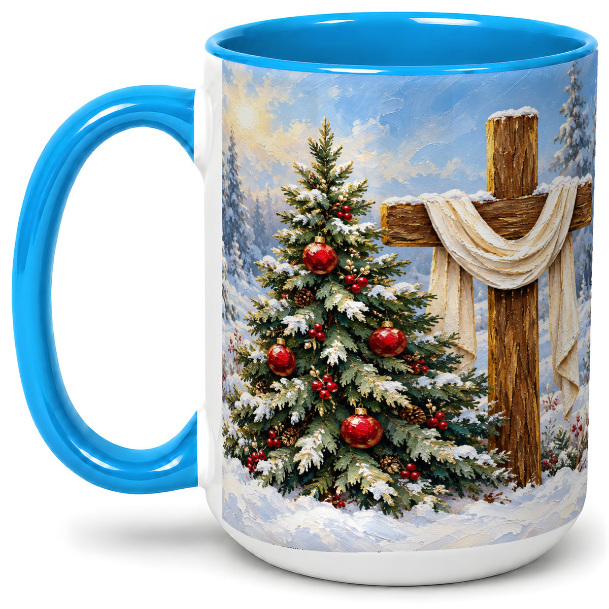 #pl[15oz|Blue] Christmas Cross and Tree Accent Ceramic Mug, Oil Painting Style
