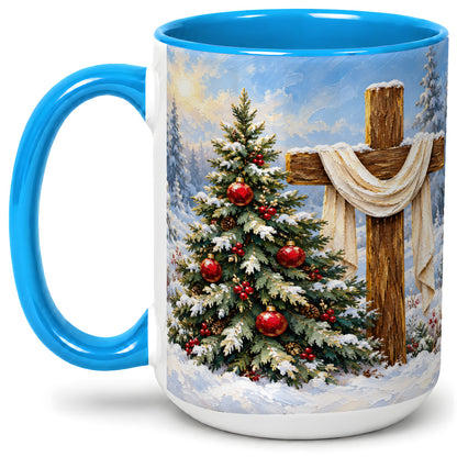 #pl[15oz|Blue] Christmas Cross and Tree Accent Ceramic Mug, Oil Painting Style