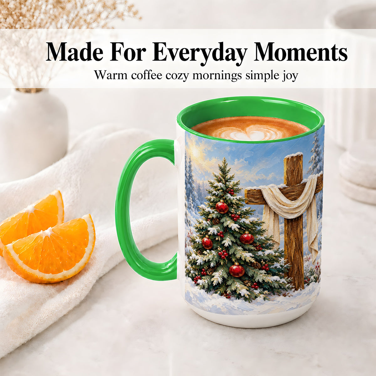 #pl[15oz|Green] Christmas Cross and Tree Accent Ceramic Mug, Oil Painting Style