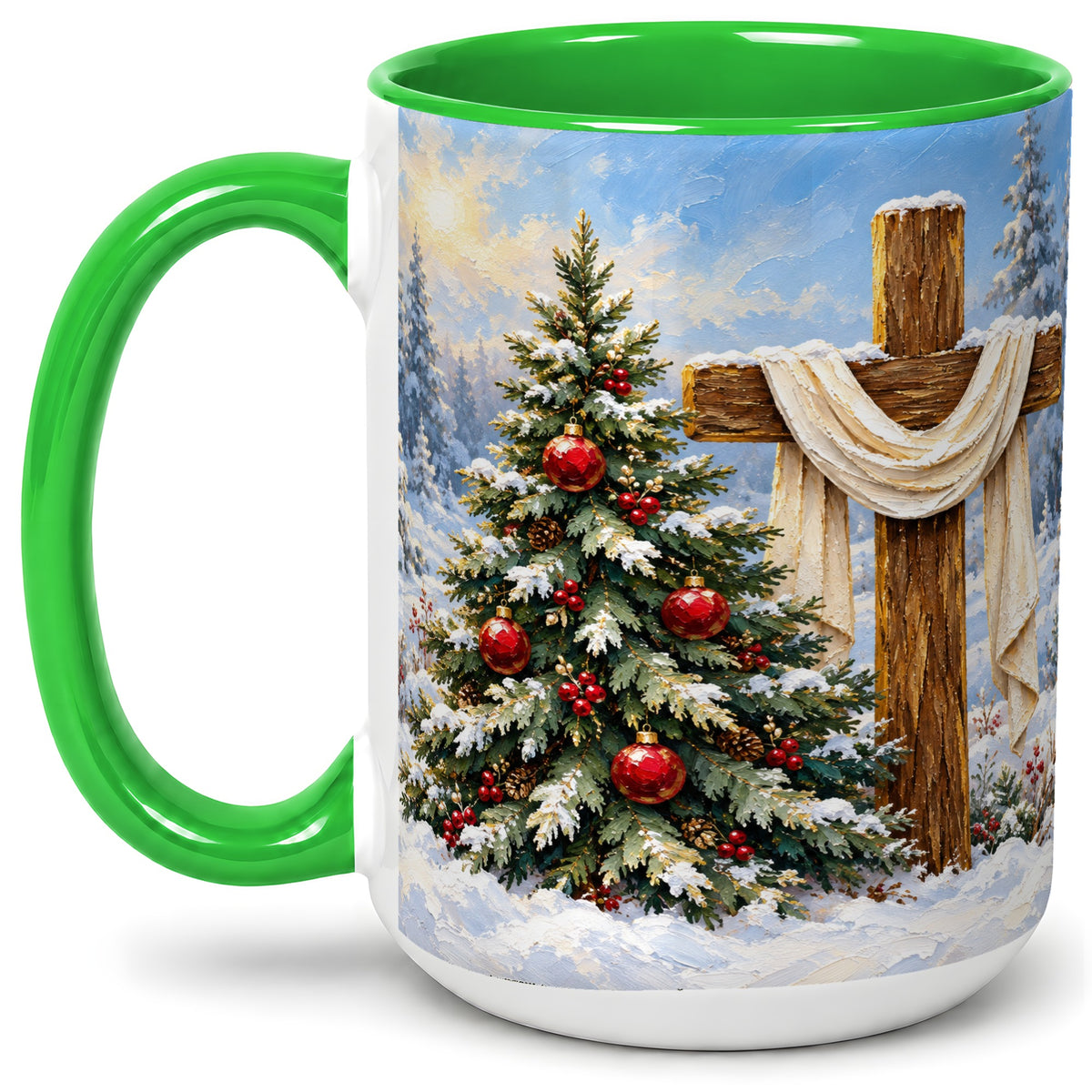 #pl[15oz|Green] Christmas Cross and Tree Accent Ceramic Mug, Oil Painting Style