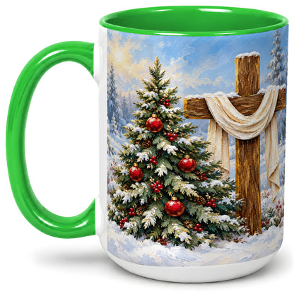 #pl[15oz|Green] Christmas Cross and Tree Accent Ceramic Mug, Oil Painting Style