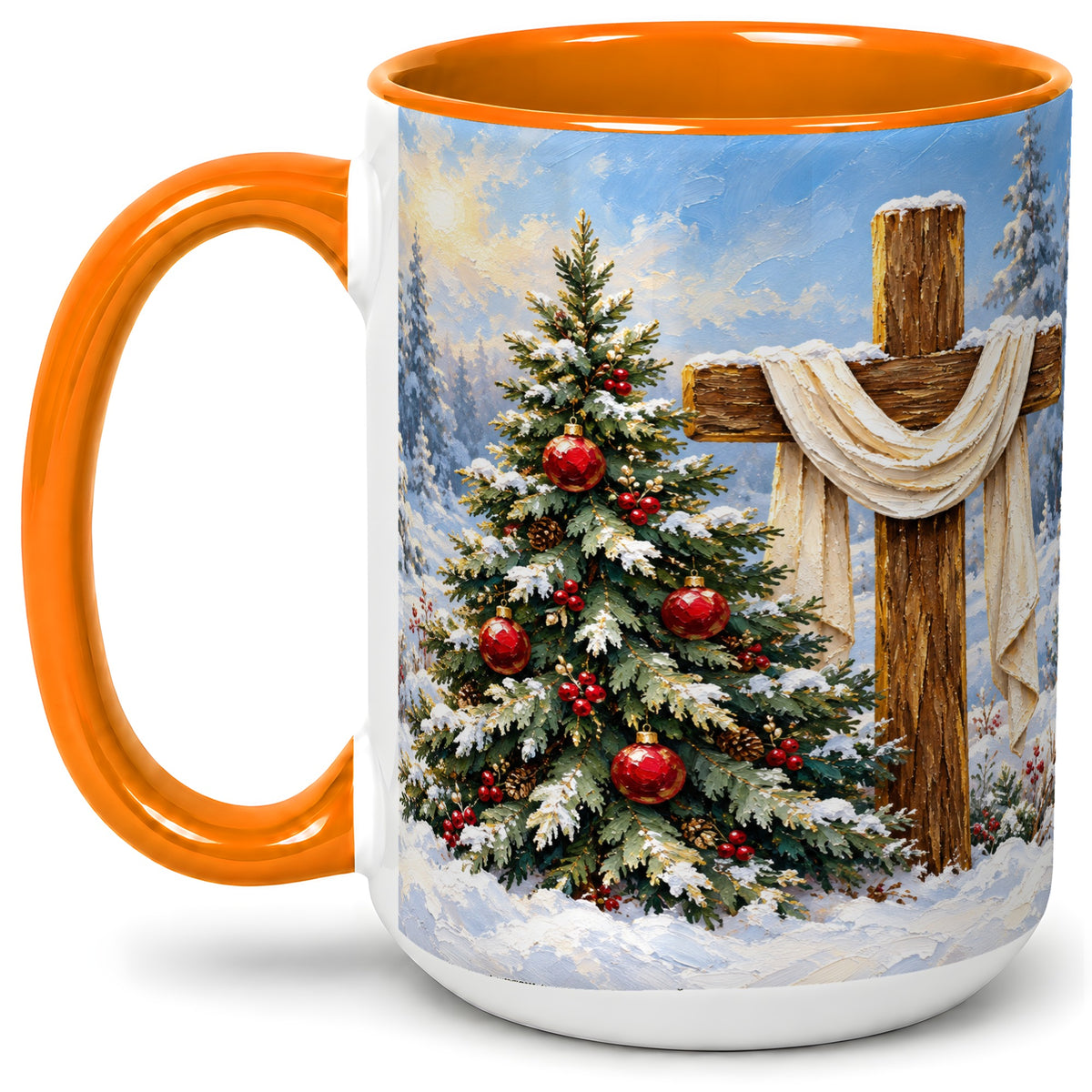#pl[15oz|Orange] Christmas Cross and Tree Accent Ceramic Mug, Oil Painting Style
