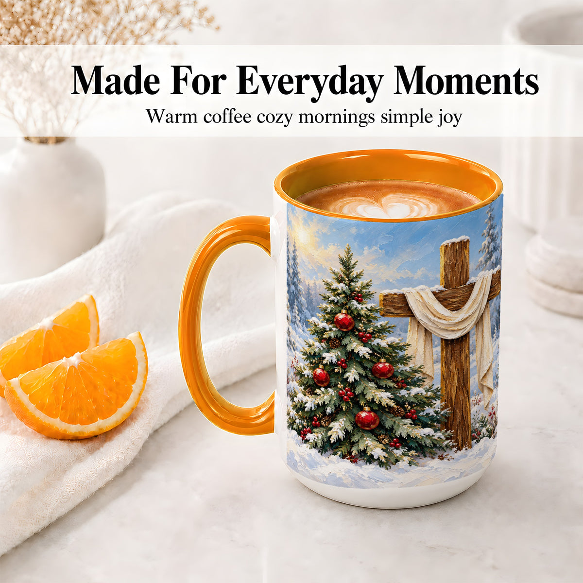 #pl[15oz|Orange] Christmas Cross and Tree Accent Ceramic Mug, Oil Painting Style