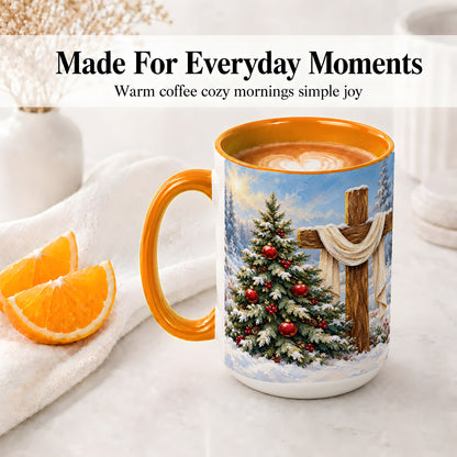 #pl[15oz|Orange] Christmas Cross and Tree Accent Ceramic Mug, Oil Painting Style