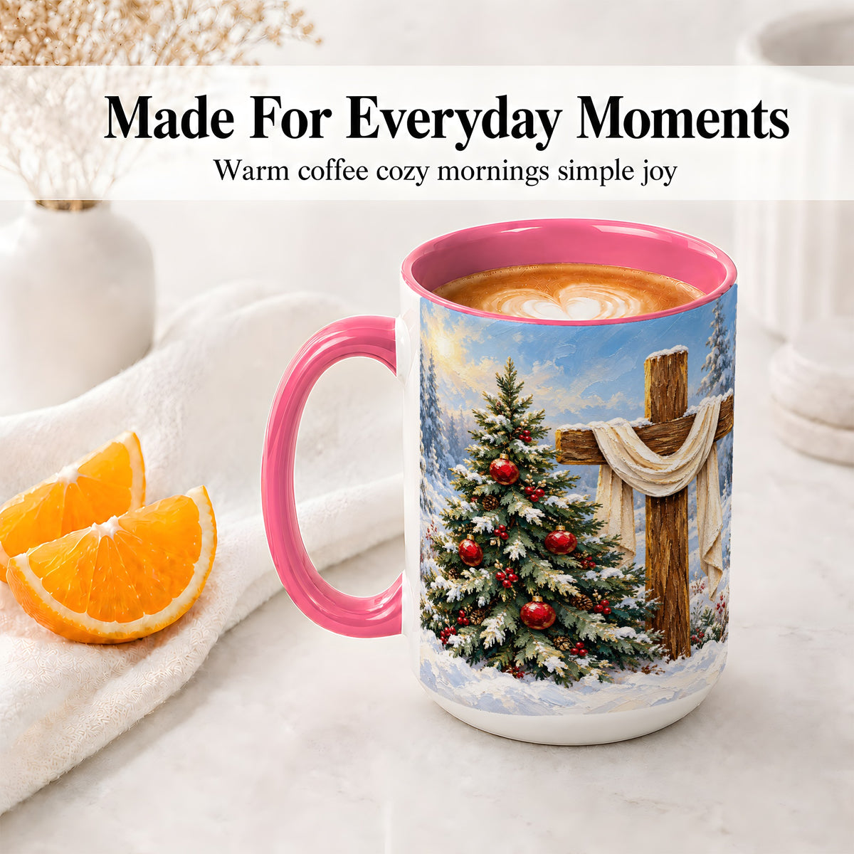 #pl[15oz|Pink] Christmas Cross and Tree Accent Ceramic Mug, Oil Painting Style