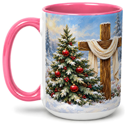 #pl[15oz|Pink] Christmas Cross and Tree Accent Ceramic Mug, Oil Painting Style