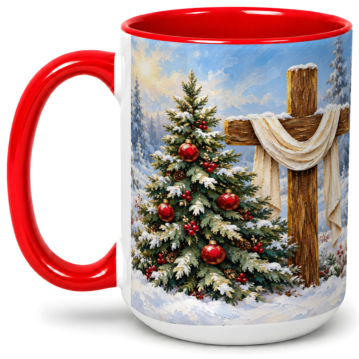#pl[15oz|Red] Christmas Cross and Tree Accent Ceramic Mug, Oil Painting Style