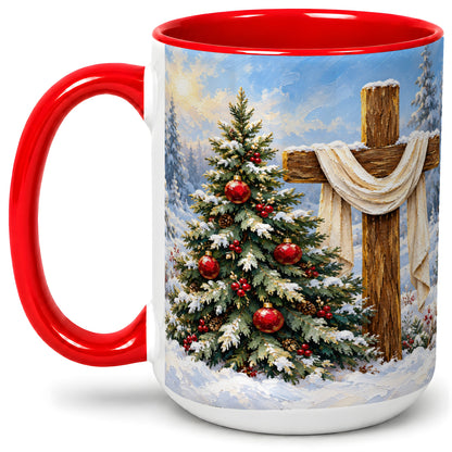 #pl[15oz|Red] Christmas Cross and Tree Accent Ceramic Mug, Oil Painting Style