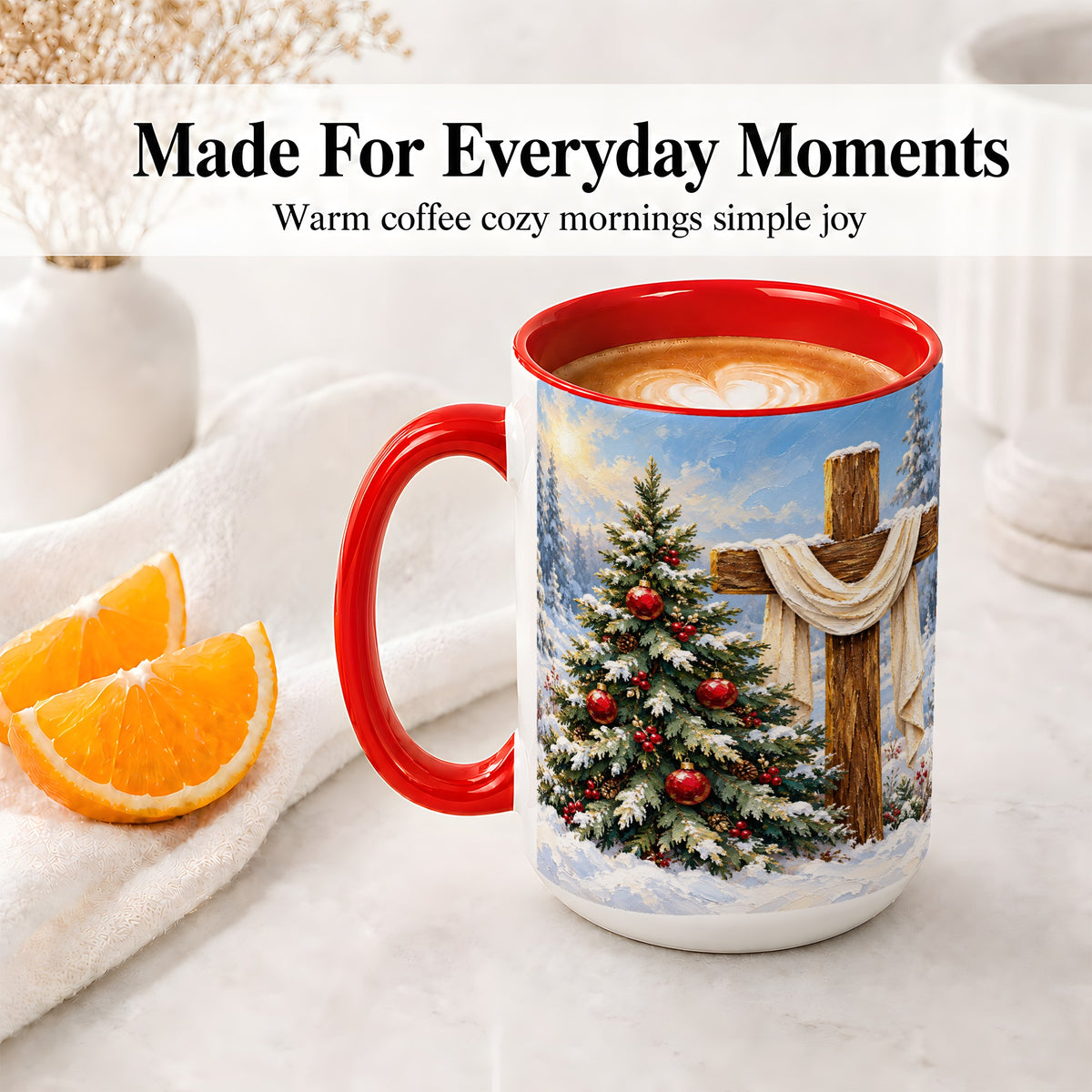 #pl[15oz|Red] Christmas Cross and Tree Accent Ceramic Mug, Oil Painting Style