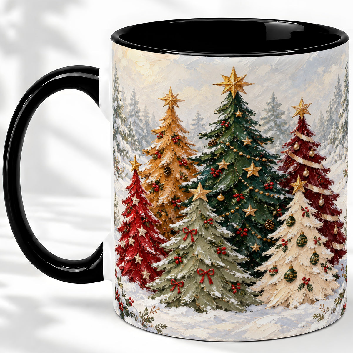 #pl[11oz|Black] Colorful Christmas Trees Accent Ceramic Mug, Oil Painting Style