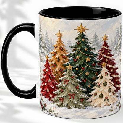 #pl[11oz|Black] Colorful Christmas Trees Accent Ceramic Mug, Oil Painting Style