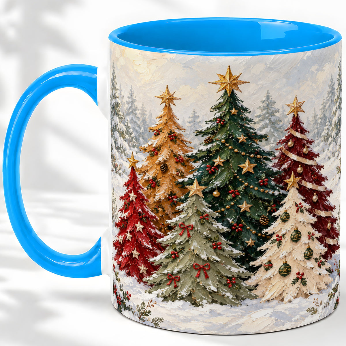 #pl[11oz|Blue] Colorful Christmas Trees Accent Ceramic Mug, Oil Painting Style