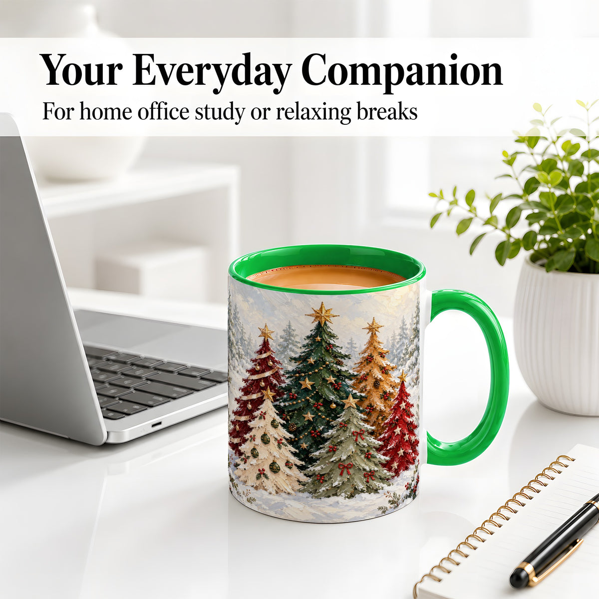 #pl[11oz|Green] Colorful Christmas Trees Accent Ceramic Mug, Oil Painting Style