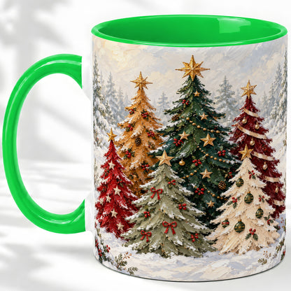 #pl[11oz|Green] Colorful Christmas Trees Accent Ceramic Mug, Oil Painting Style