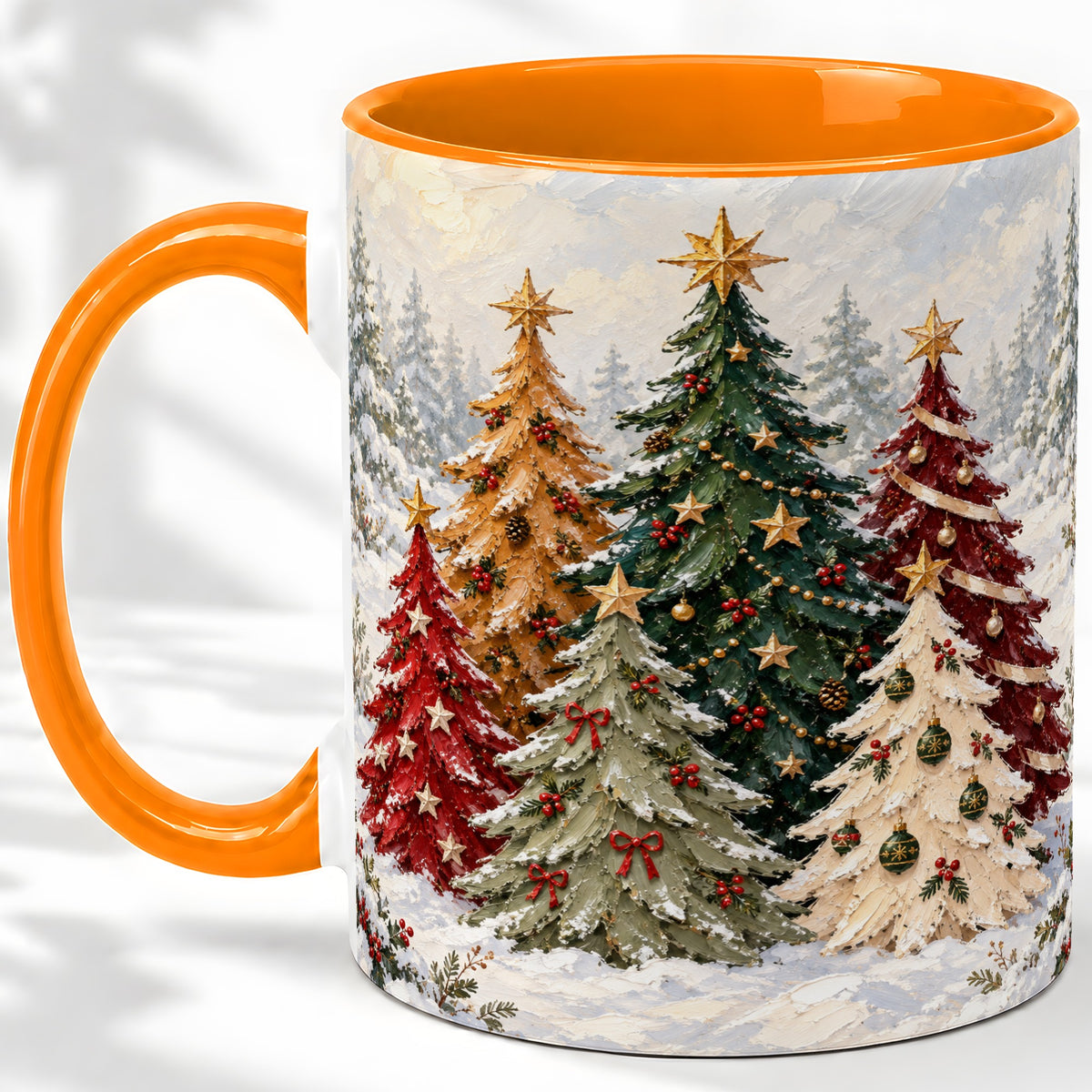 #pl[11oz|Orange] Colorful Christmas Trees Accent Ceramic Mug, Oil Painting Style